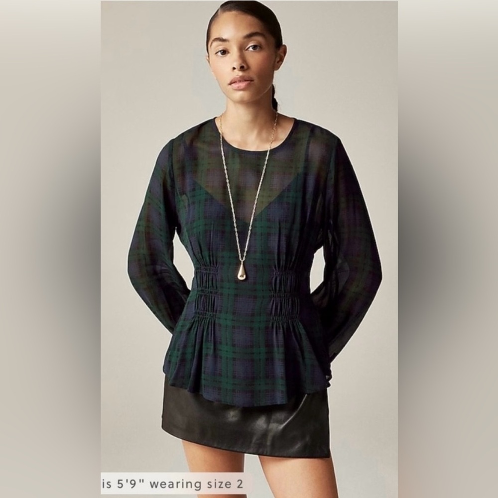 J.Crew Chiffon shirred-waist top in Black Watch tartan